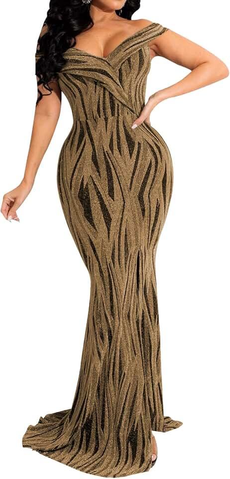 Women's Sexy V-Neck Off The Shoulder Bodycon Party Cocktail Maxi Dress Stripe Mermaid Evening Gown (Small, 846Gold)