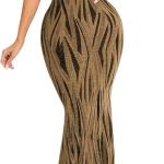 Women's Sexy V-Neck Off The Shoulder Bodycon Party Cocktail Maxi Dress Stripe Mermaid Evening Gown (Small, 846Gold)