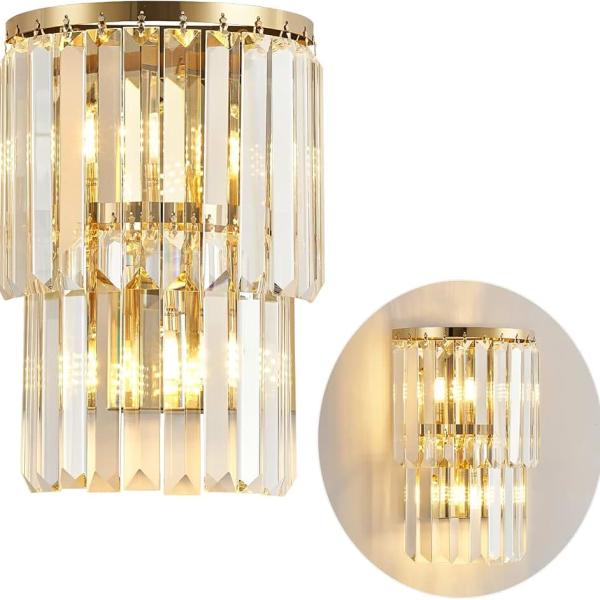 Siljoy 2-Lights Modern Crystal Wall Light, 2-Tiers Crystal Bedside Wall Mount Lighting Fixture,