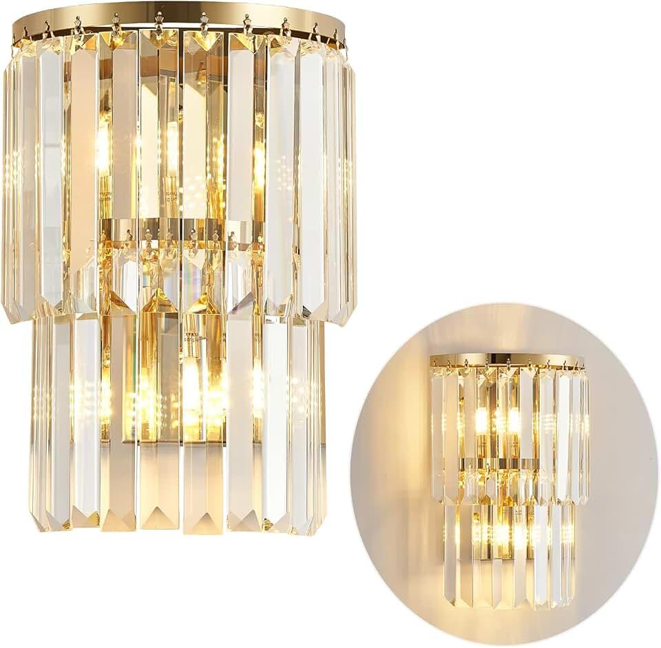 Siljoy 2-Lights Modern Crystal Wall Light, 2-Tiers Crystal Bedside Wall Mount Lighting Fixture,