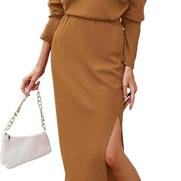 PRETTYGARDEN Women's 2024 Winter 2 Piece Tracksuit Long Sleeve Turtleneck Ribbed Top and Midi Skirt Dress Sets