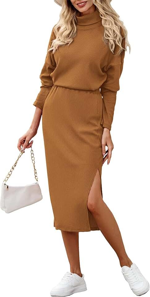 PRETTYGARDEN Women's 2024 Winter 2 Piece Tracksuit Long Sleeve Turtleneck Ribbed Top and Midi Skirt Dress Sets