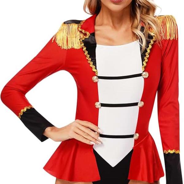 Womens Ring Master Skirted Bodysuit Adult Circus Tassel Jumpsuit Halloween Lion Tamer Costume