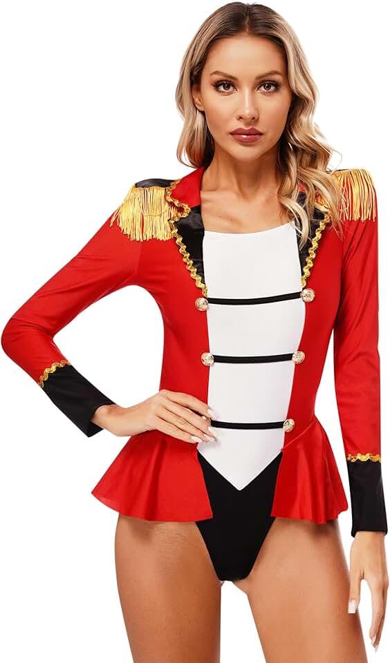 Womens Ring Master Skirted Bodysuit Adult Circus Tassel Jumpsuit Halloween Lion Tamer Costume