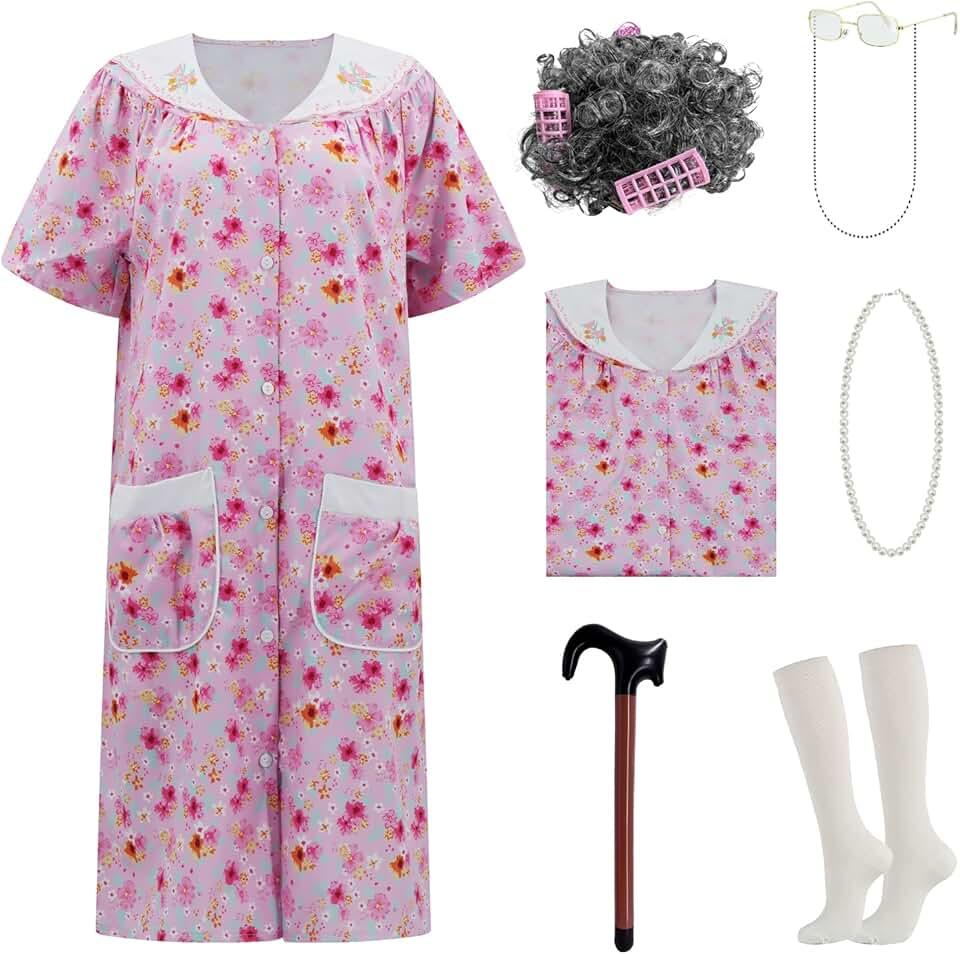 Old Lady Costume for Women, Grandma Costume Kit with Nightgown Old Lady Dress Granny Costume