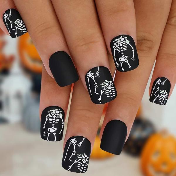 Kikmoya Square Short Press on Nails Halloween Black Fake Nails with White Skeleton Design Stick on