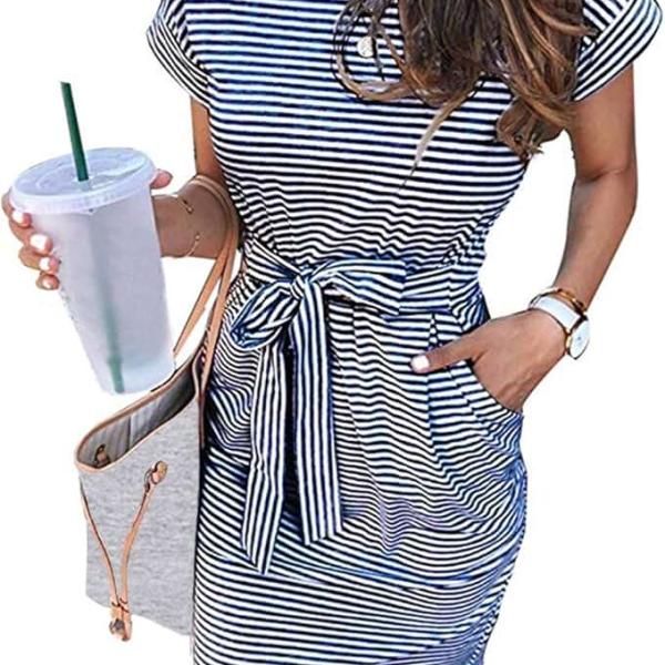 MEROKEETY Women's Summer Striped Short Sleeve T Shirt Dress Casual Tie Waist with Pockets