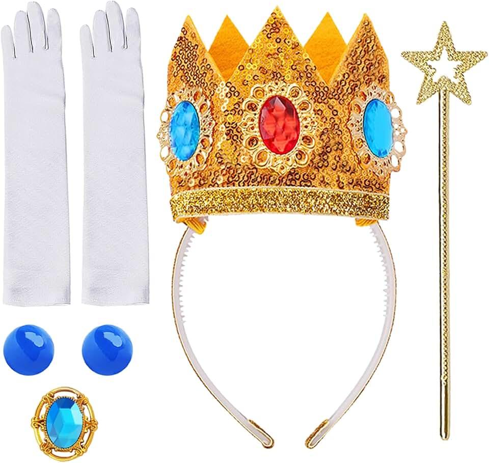 Princess Costume Crown Accessories, Princess Dress Up Crown Gloves Brooch Wand for Girls Kids