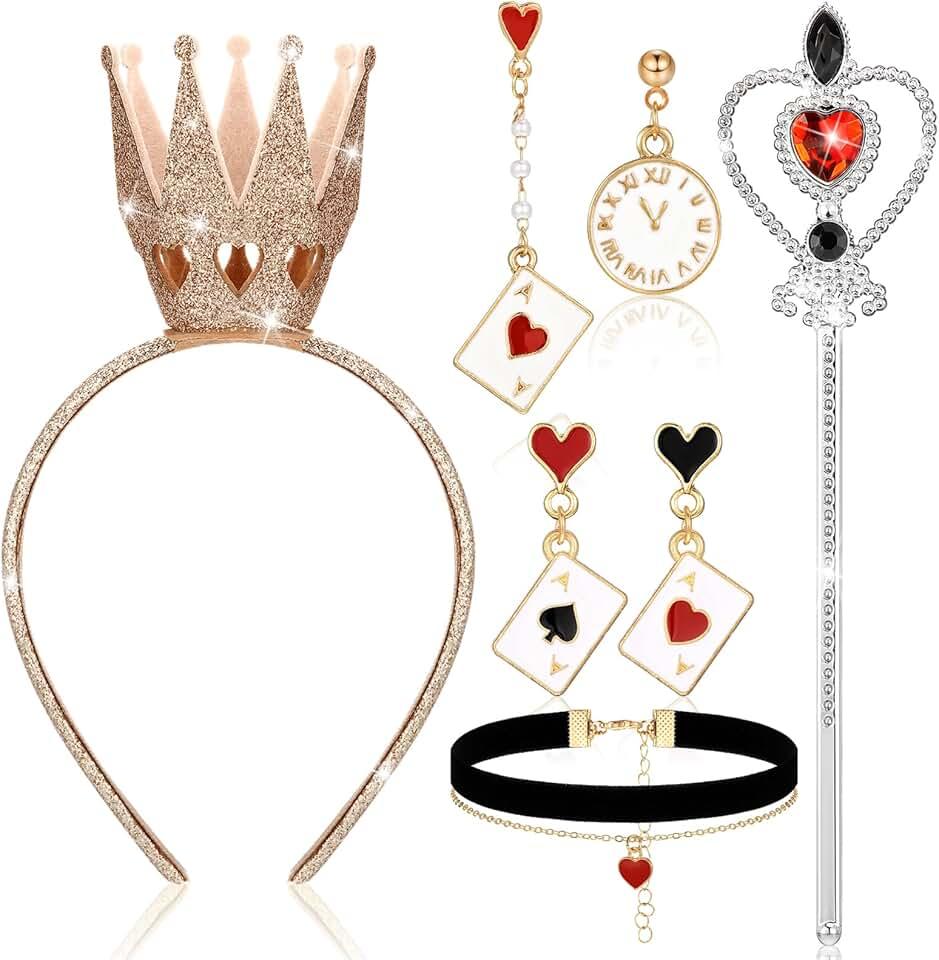 5 Pcs Halloween Queen Costume Accessories Crown Choker Necklace Poker Earrings Gem Scepter Women