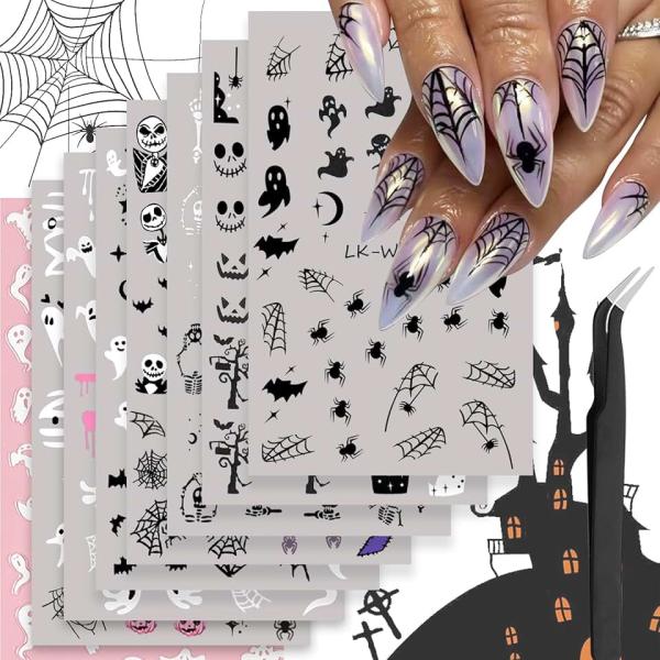 VOTACOS 8 Sheets Halloween Nail Art Stickers Ghost Pumpkin Nail Decals 3D Self-Adhesive Bat Skull