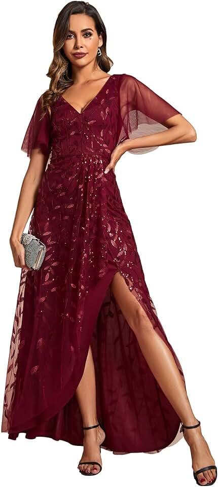 Women's Shimmery Formal Dress V Neck Sequins A-Line Side Slit Elegant Long Evening Dresses 02083