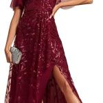 Women's Shimmery Formal Dress V Neck Sequins A-Line Side Slit Elegant Long Evening Dresses 02083