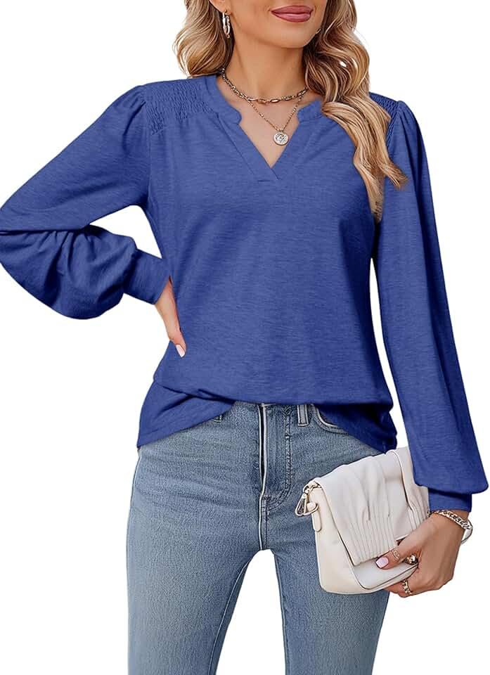 Dokotoo Womens Tops V-Neck Long Sleeve Shirts Tops Dressy Casual Blouses Fall Outfits Clothes 2024