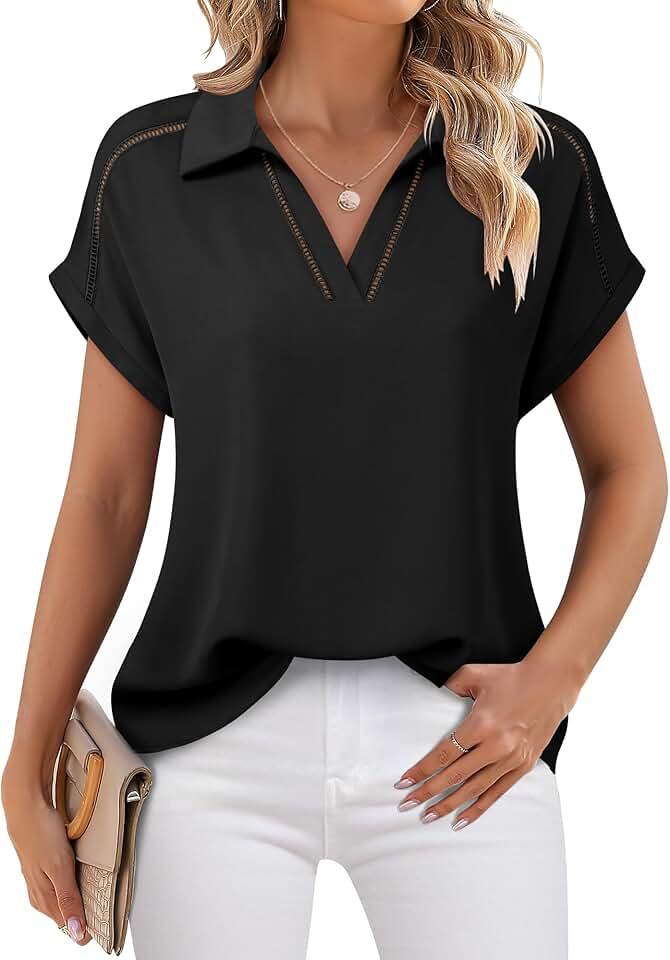 Timeson Women's Short Sleeve Chiffon Blouses Office Work Dress Shirts Business Casual Tops