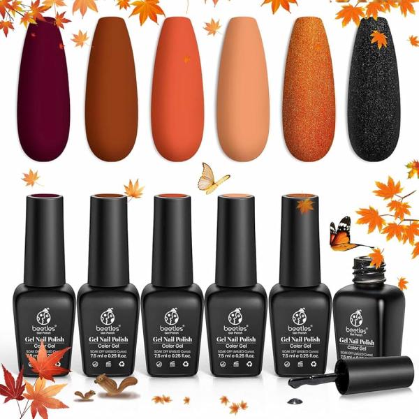 beetles Gel Nail Polish Set 6 Fall Colors Gel Nail Polish Red Orange Glitter wedding Collection