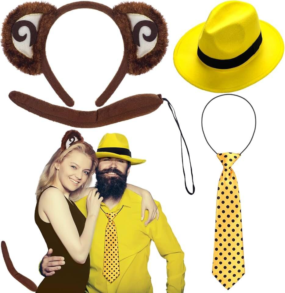 4 Pcs Halloween Couple Costume for Adult Monkey Costume Man Yellow Costume with Yellow Hat Black