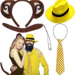 4 Pcs Halloween Couple Costume for Adult Monkey Costume Man Yellow Costume with Yellow Hat Black