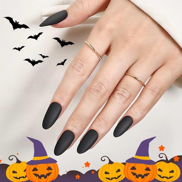 Modelones 32Pcs Halloween Matte Black Press on Nails Almond, Long Fall Fake Nails, Reusable Nail