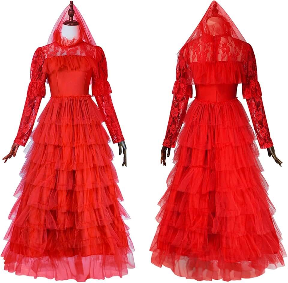 Beetle Lydia Costume Juice Bride Gothic Wedding Dress Suit With Wig Red Lace Gloves Women Halloween