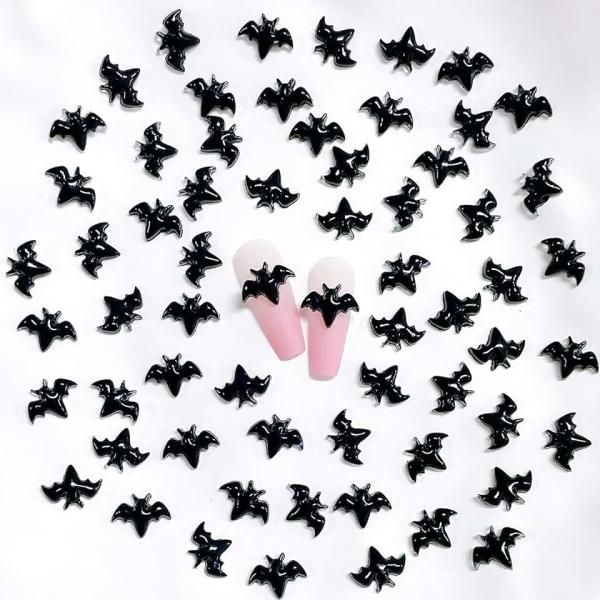 50Pcs Halloween Black Bat Nail Charms 3D Resin Halloween Nails Art Supplies for Acrylic Nails