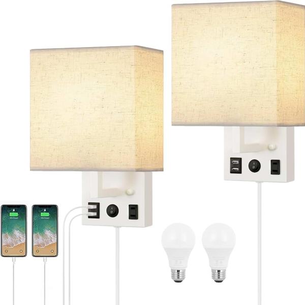 HAITRAL Wall Sconces Plug in with Bulbs - Wall Lamps for Bedroom with USB and Outlet,Sconces Wall