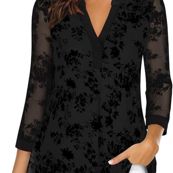 Women's 3/4 Sleeve Blouses Casual V Neck Dress Shirts Double Layers Mesh Tunics Tops