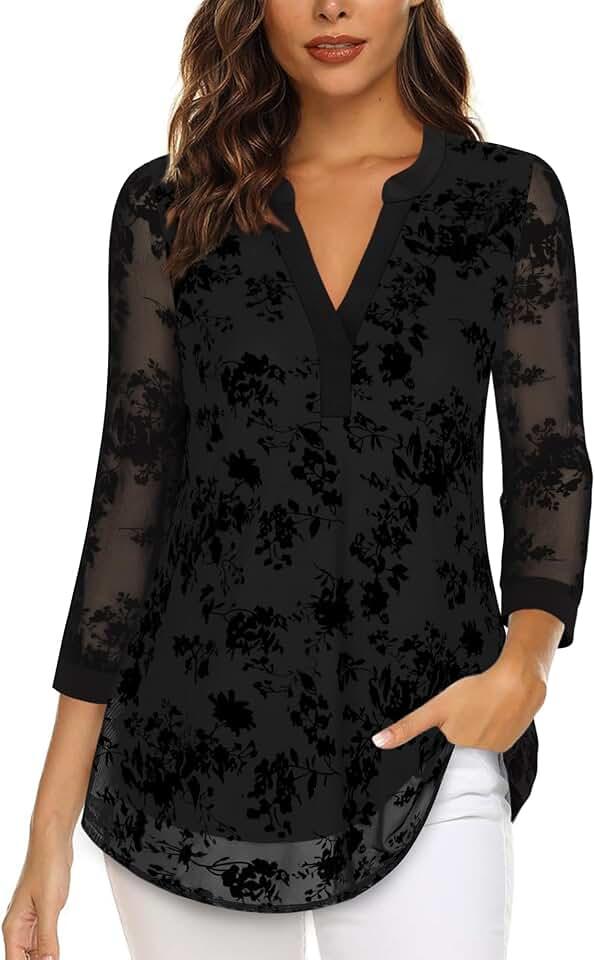 Women's 3/4 Sleeve Blouses Casual V Neck Dress Shirts Double Layers Mesh Tunics Tops