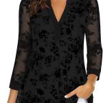 Women's 3/4 Sleeve Blouses Casual V Neck Dress Shirts Double Layers Mesh Tunics Tops