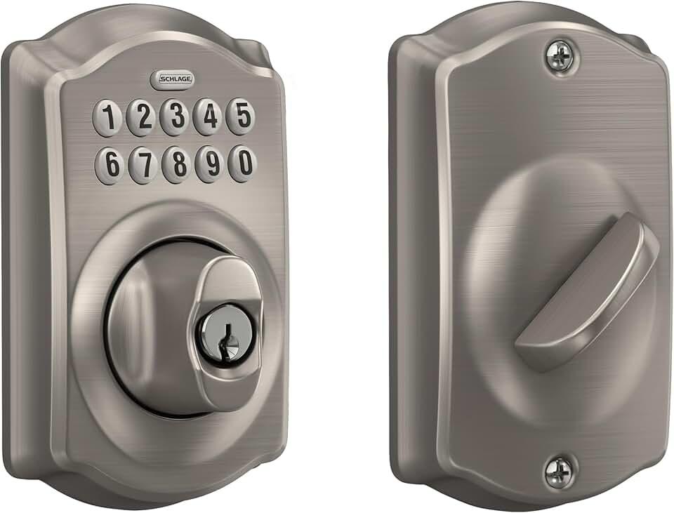 Schlage BE365 V CAM 619 Camelot Keypad Deadbolt, Electronic Keyless Entry Lock, Satin Nickel