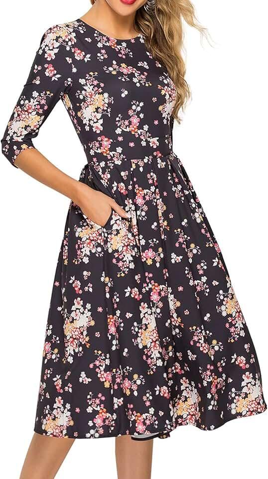 Women's Floral Vintage Dress Elegant Midi Evening Dress 3/4 Sleeves