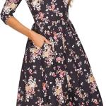 Women's Floral Vintage Dress Elegant Midi Evening Dress 3/4 Sleeves