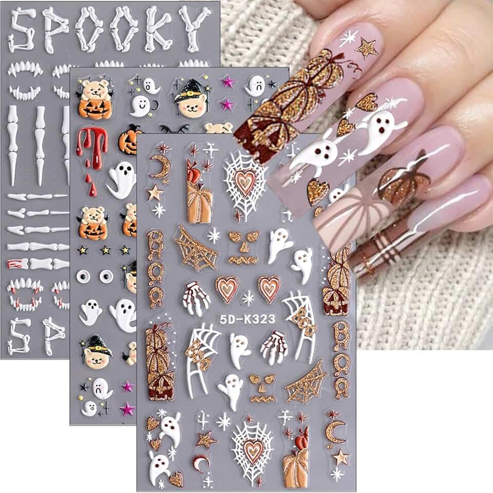 5D Halloween Nail Stickers Cute Ghost Nail Decals Self-Adhesive Pegatinas Uñas Stars Moon Pumpkin