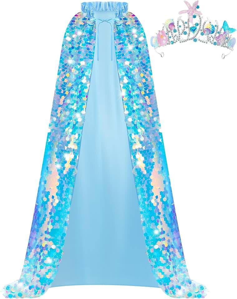 Womens Mermaid Costume Accessories Princess Sequins Cape Cloak and Mermaid Crown for Halloween