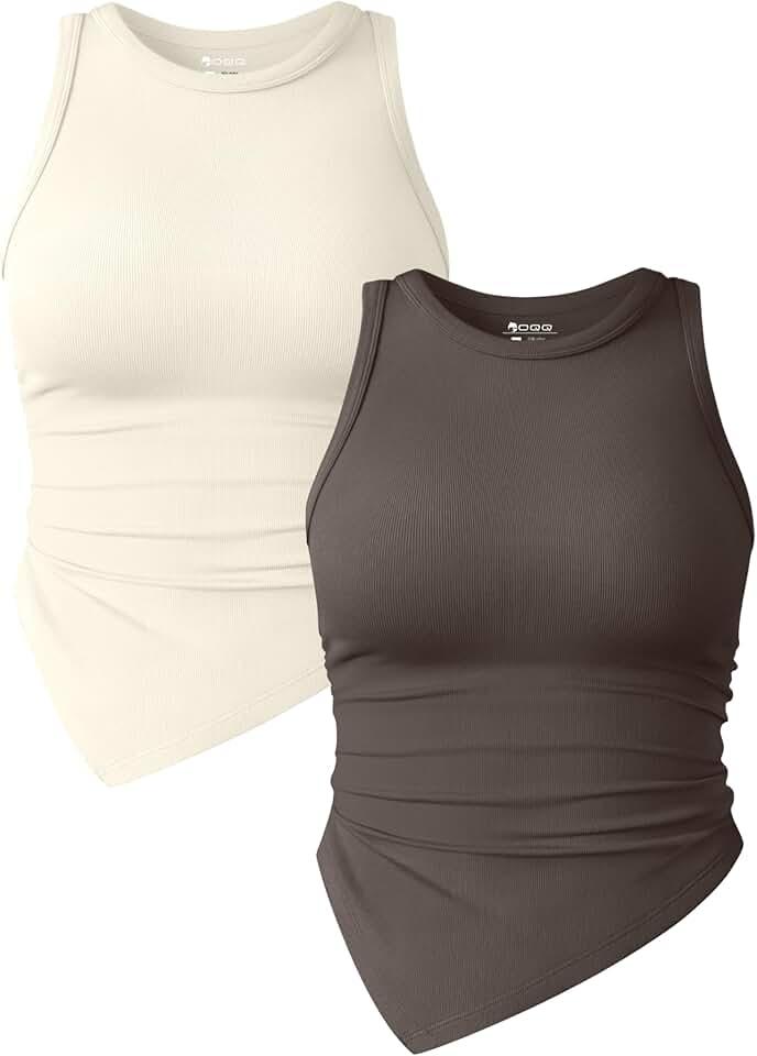 OQQ Women's 2 Piece Tank Tops Ruched Crew Neck Sleeveless Basic Stretch Tee Shirts