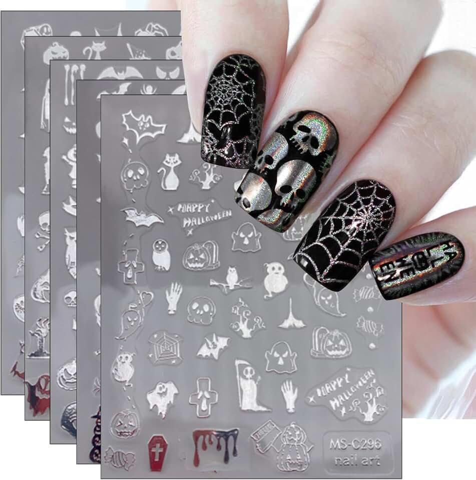 JMEOWIO 9 Sheets Halloween Nail Art Stickers Decals Self-Adhesive Pegatinas Uñas Silver Skull Ghost