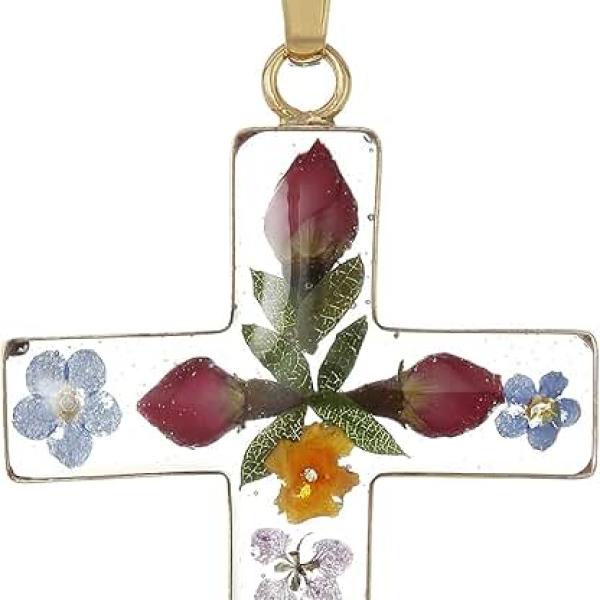 Amazon Essentials 14k Gold Over Sterling Silver Pressed Flower Multi-Colored Cross Pendant Necklace