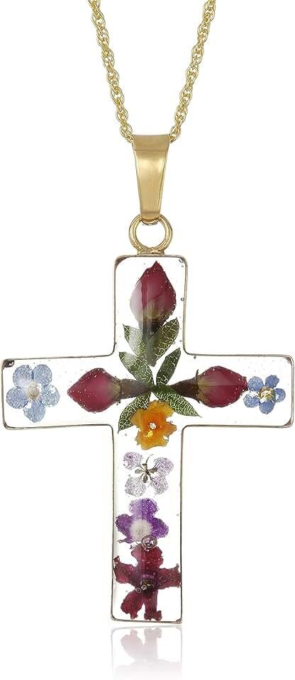 Amazon Essentials 14k Gold Over Sterling Silver Pressed Flower Multi-Colored Cross Pendant Necklace