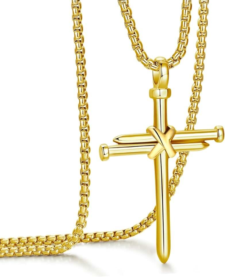 Rehoboth Men's Stainless Steel Nail Cross Pendant Necklace with 24 Inch Chain Polished Black Gold