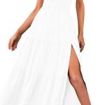 Women's Summer One Shoulder Sleeveless Knot Smocked Midi Dress Split Tiered Flowy Dresses