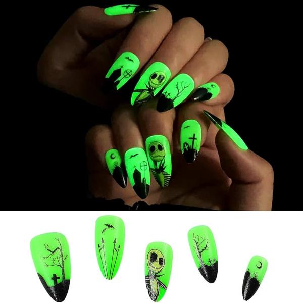 TailaiMei 24Pcs Halloween Press on Nails, Medium Fake Nails Grow In The Dark Artificial Almond