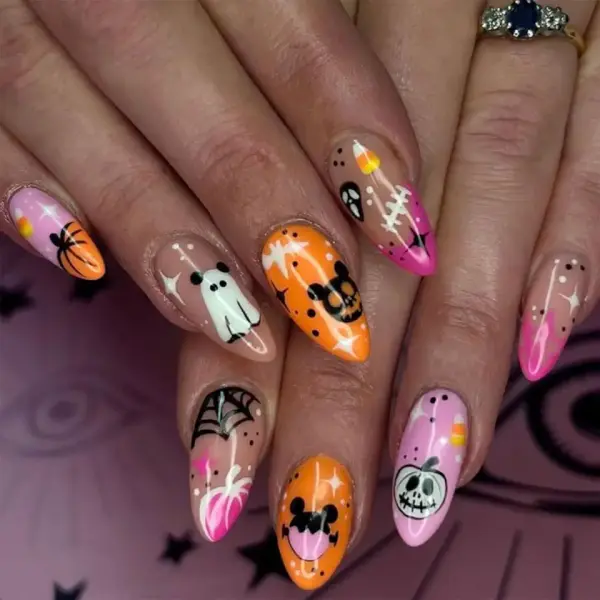 Halloween Nails Short Press On Nails Almond Fake Nails Pink Tip False Nails with Pumpkin & Ghost