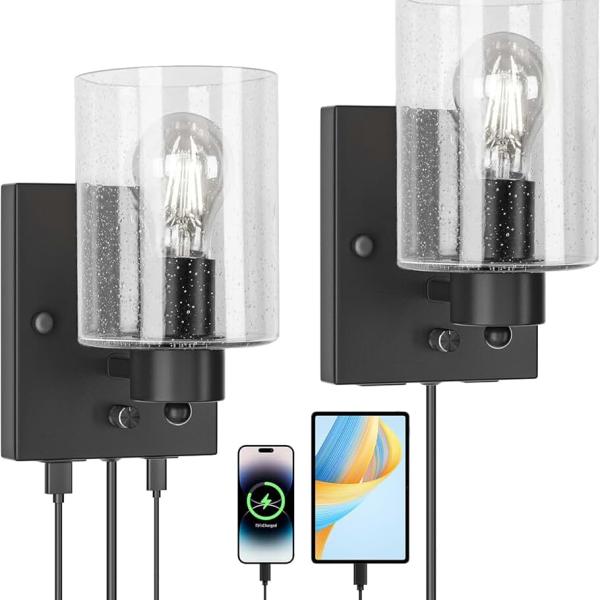 Frideko Glass Plug in Wall Sconces Set of Two with USB A+C Charging Ports, USB Bedside Wall Lamp