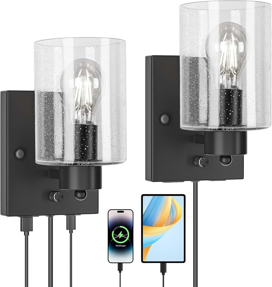 Frideko Glass Plug in Wall Sconces Set of Two with USB A+C Charging Ports, USB Bedside Wall Lamp