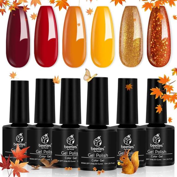 beetles Gel Nail Polish Halloween Nails Set 6 Fall Colors Gel Nail Polish Red Orange Glitter Nail