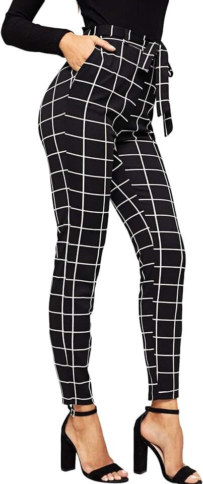 WDIRARA Women's Stretchy Plaid Print Pants Soft Skinny Regular Fashion Leggings