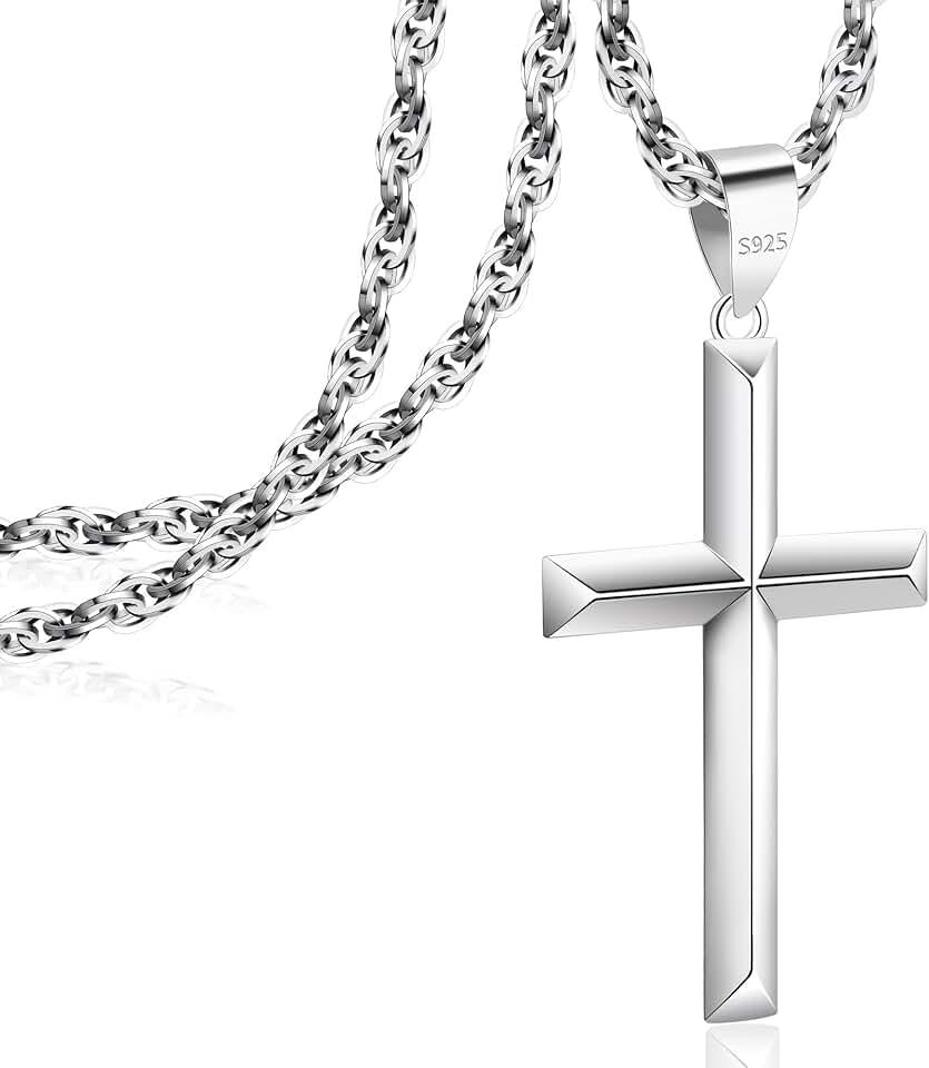 925 Sterling Silver Cross Necklace Beveled Edge for Men Women 3mm Stainless Steel Durable Wheat