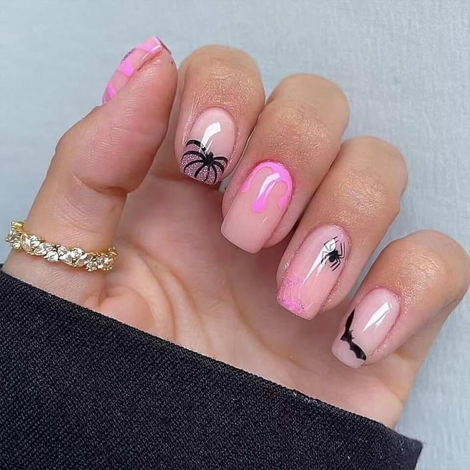 Halloween Press on Nails Short Square Bat Acrylic False Nails Spider Fake Nails Gel Glue on Nails