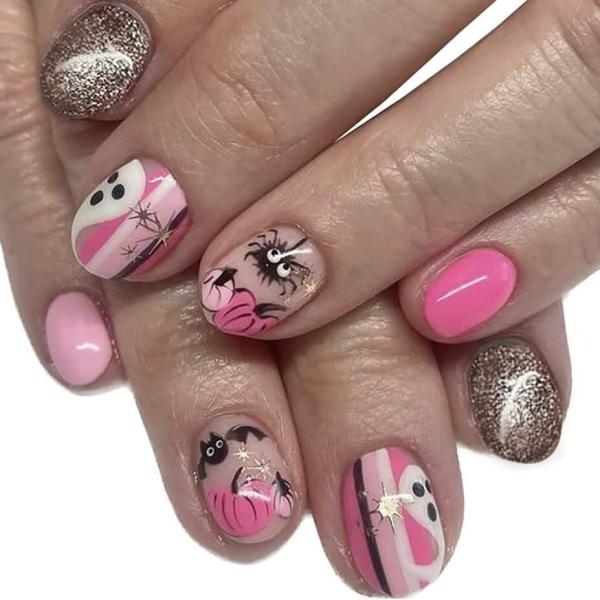 24Pcs Halloween Press on Nails Short Fake Nails Pumpkin Nails Tip Design Pink Acrylic Stick on