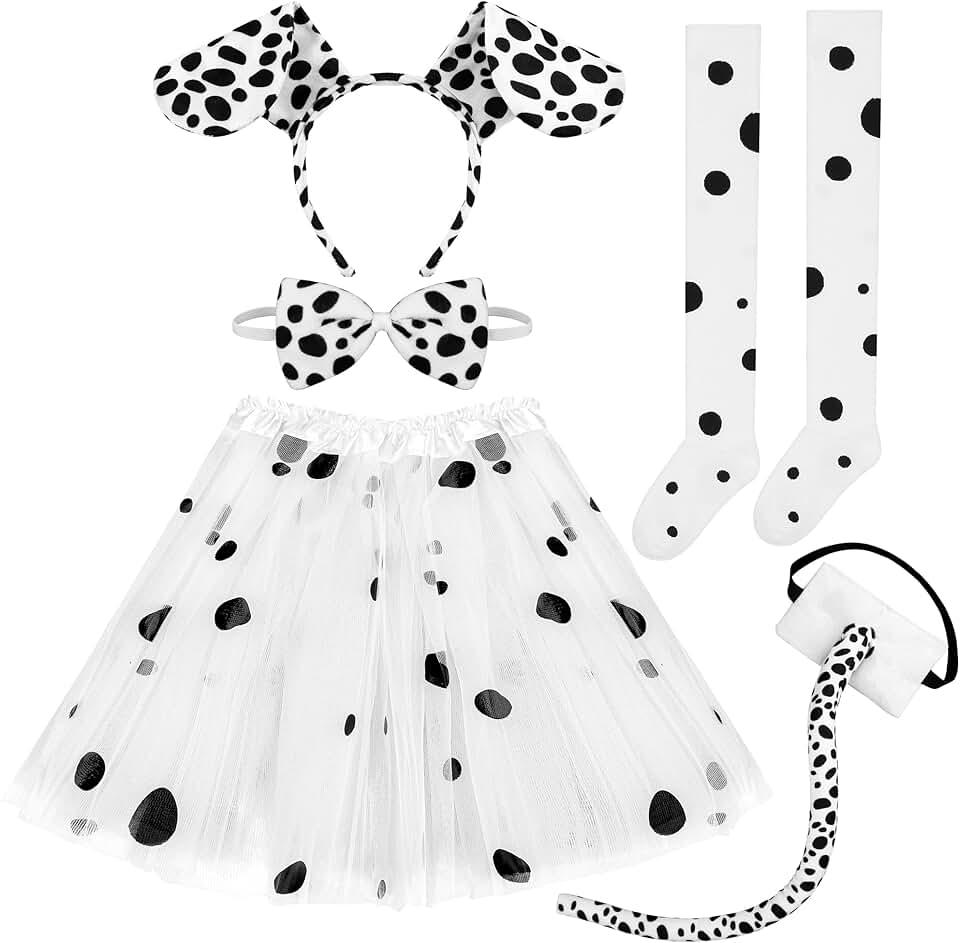 5 Pieces Halloween Dalmatian Dog Costume Set Black White Dog Ear Headband Bowtie Tail Halloween