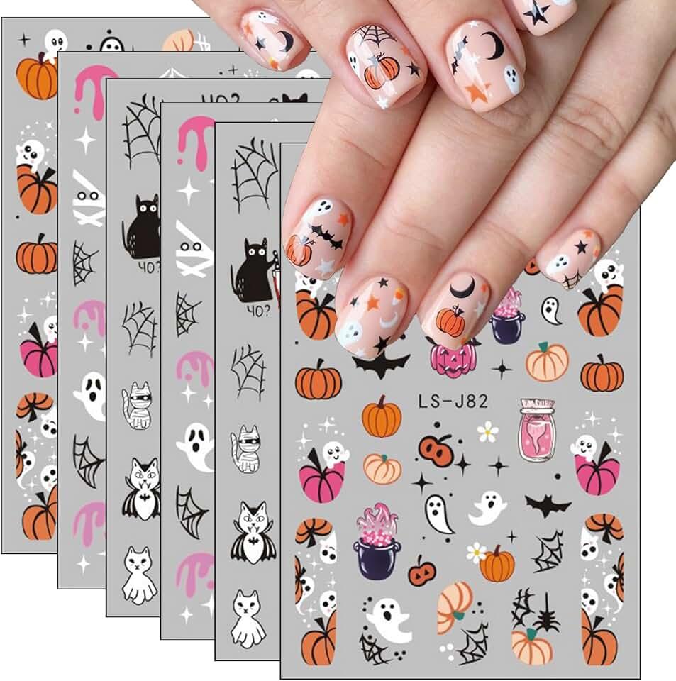 Halloween Nail Art Stickers Cute Ghost Pumpkin 3D Self-Adhesive Nail Decals Bat Cat Skull Designs